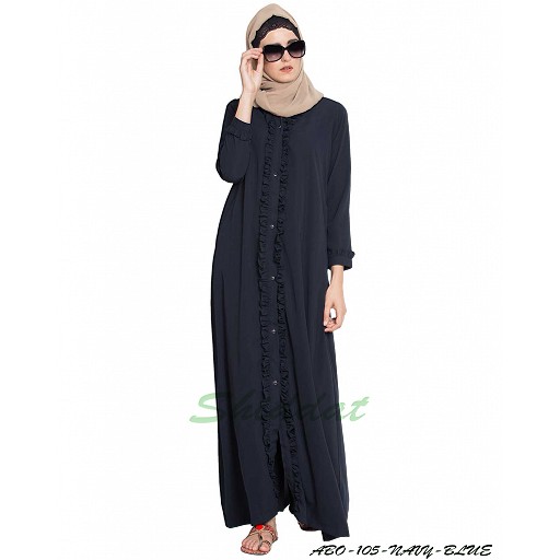 Front open abaya with frills on panels and sleeves- Navy Blue